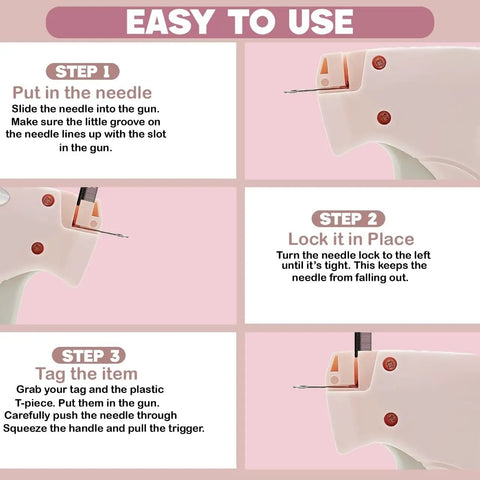 No Sweat Stitch Gun For Clothes Handheld Fabric Tacker Quick Fix Clothing Repair Hemming Kit setup steps, showing needle insertion.