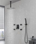 Shower System, 10-Inch Rain Head with Body Jets and Handheld, Matte Black featuring rainfall head and handheld shower in modern bathroom.