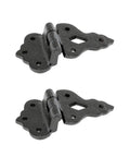 Two Pack Black Wrought Iron Offset Cabinet Hinges Three Eighths Inch Hoosier Style Kitchen Cupboard Door Hardware Rust Resistant Powder Coated Finish Built To Last For Ultra Durable Rustic Colonial Look displayed against white background