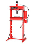 Heavy Hitter 30 Ton Hydraulic Air Pneumatic H Frame Shop Press With Movable Press Plate Red, front view with gauge and hose.