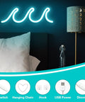 Ice Blue Neon Wave Sign For Bedroom Decor USB Powered With Dimmer And Switch Lit Wall Art above a bed