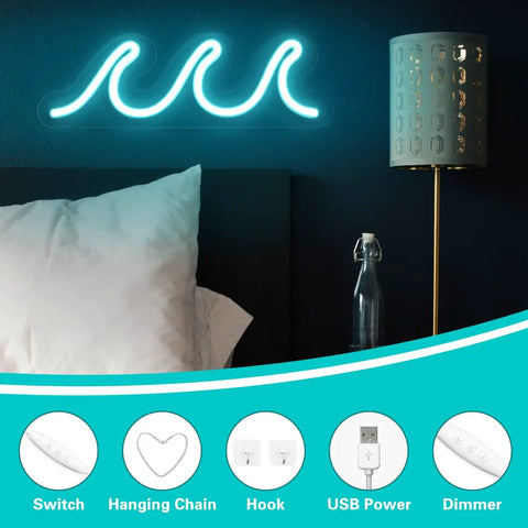 Ice Blue Neon Wave Sign For Bedroom Decor USB Powered With Dimmer And Switch Lit Wall Art above a bed
