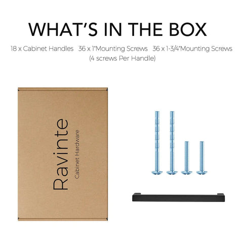 18 Pack 6 1/4 Inch Square Cabinet Handles In Matte Black Stainless Steel Drawer Pulls packaging and screws