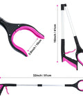 32-inch purple and black reacher grabber with foldable shaft and 360-degree rotating pink jaw.