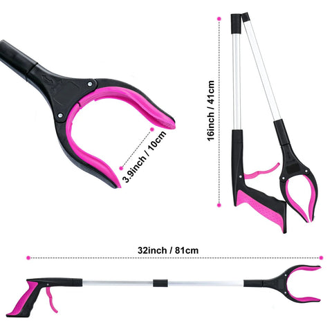 32-inch purple and black reacher grabber with foldable shaft and 360-degree rotating pink jaw.
