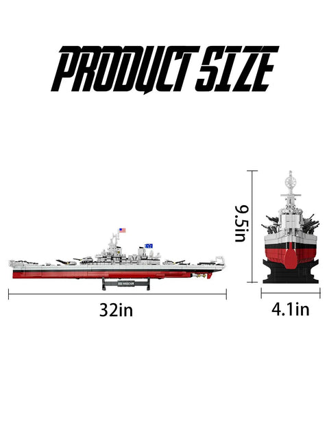 Dimensions of Missouri BB 63 WW2 Battleship Build Kit with 2228 Pieces, showing 32in length, 9.5in height, 4.1in width.