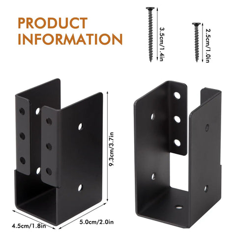 High Performance 2X4 Concealed Joist Hangers With Hardware, Rust Resistant Carbon Steel Swing Brackets For Deck Rails And Fences, Built Like A Tank For Stress Free Backyard Builds, shown with dimensions and screws.