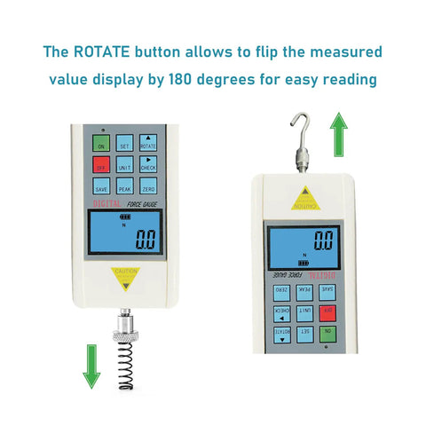 Digital Force Gauge 200N Push Pull Tester For Tension And Compression With Five Modes Dope Precision And Three Display Methods Supports Newton Kilogram And Pound Units Local Gravity Setting For Precise Measurements. rotated display view