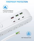 16-In-1 Power Strip With 10 Wide-Spacing Outlets, 3 USB-C And 3 USB-A Ports, with labeled fireproof material and thickened cord.