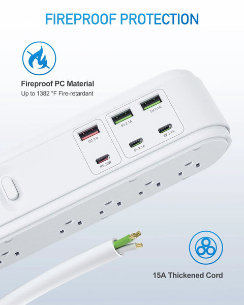 16-In-1 Power Strip With 10 Wide-Spacing Outlets, 3 USB-C And 3 USB-A Ports, with labeled fireproof material and thickened cord.