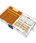 Massive 600Pcs Multilayer Ceramic Capacitor Assortment Kit 22pF To 1uF For DIY Electronics, labeled box with capacitors