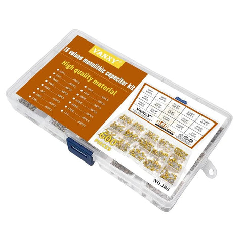 Massive 600Pcs Multilayer Ceramic Capacitor Assortment Kit 22pF To 1uF For DIY Electronics, labeled box with capacitors