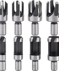 Ridiculously Tough Carbon Steel Wood Plug Cutter Drill Bits Eight Piece set showing straight and tapered claw designs for woodworking.