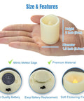 Hand holding Flameless LED Votive Candle 1.5x2 inches showing size and features with battery and flickering flame.