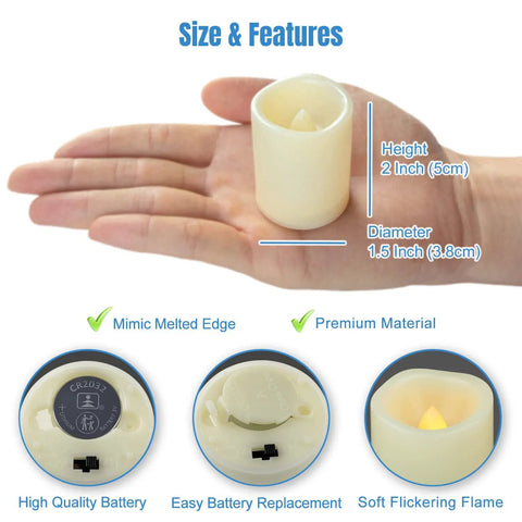 Flameless LED Votive Candles 72 Pack Battery Operated Tea Lights in hand showing size and features with realistic flickering flame.
