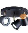 Three Light Directional Spotlight Track Lighting Kit In Matte Black And Natural Wood Finish Semi Flush Mount Adjustable Heads For Hallways Bedrooms Foyer Kitchen And Living Room, showcasing three adjustable spotlight heads on black and wood fixture.