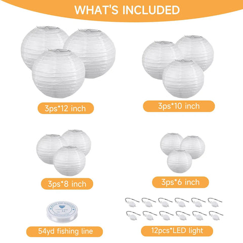 12 Pack White LED Paper Lanterns With Hanging Lights Includes 6 8 10 And 12 Inch Sizes Battery Powered LEDs Clear Fishing Line