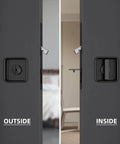 Pocket Door Lock Hardware Set With Privacy Handle And Hidden Pull Recessed Latch For 1.77 To 2 Inch Thick Wooden Doors In Square Black Finish And Easy Install For Quick Updates, showing inside and outside views.