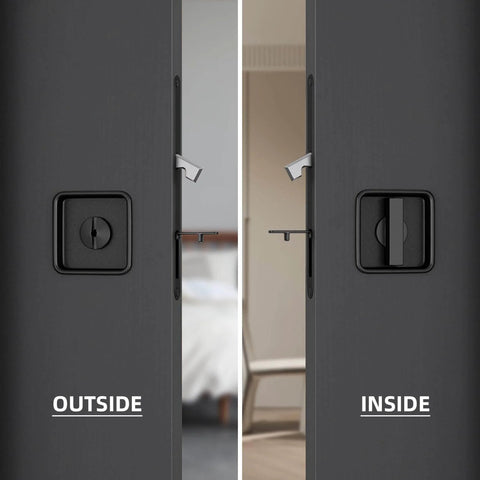 Pocket Door Lock Hardware Set With Privacy Handle And Hidden Pull Recessed Latch For 1.77 To 2 Inch Thick Wooden Doors In Square Black Finish And Easy Install For Quick Updates, showing inside and outside views.
