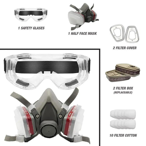 Pro Grade All In One Reusable Half Face Respirator Kit With Safety Glasses And Replacement Filters Built For Gas Fumes