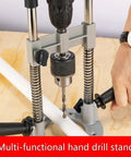 Pro Grade Drill Press Jig For Boss Level Precision In Vertical And 90 Degree Angled Boring Portable Attachment in use.