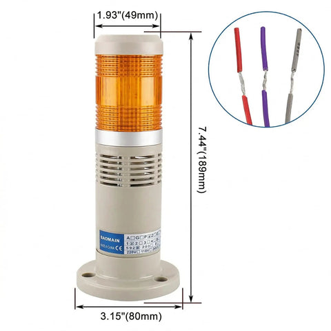 24V DC Industrial Signal Tower Light With Buzzer And Yellow LED Continuous Warning Lamp showing dimensions and wires