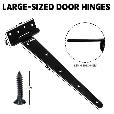 Four Piece 16 Inch Heavy Duty T Hinges Rust Resistant Wrought Iron Shed Barn Gate Door Hardware showing large hinge and screw