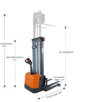Heavy Duty Electric Pallet Stacker With 3300 Lb Load Capacity And 98 Inch Lift Height, showing dimensions and specifications.