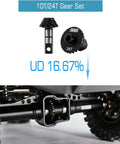 Underdrive Helical Gear Set 24T 10T Alloy Steel For 1 18 RC Crawler TRX4M Upgrade displaying gears and axle