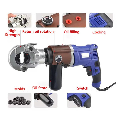 Electric Hydraulic Pliers Crimper For 16-240mm2 Copper And Aluminum Wire Cables With Ergonomic Ratcheting Design controls and features shown.