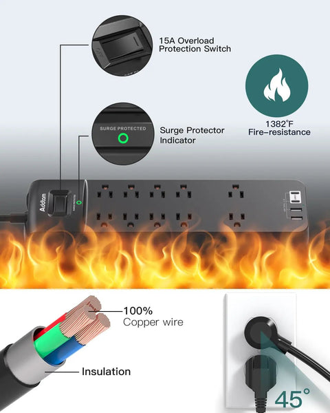 Diagram of Surge Protector Power Strip With 10 Outlets And 4 USB Ports 2 USB C Six Foot Heavy Duty Extension Cord Flat Plug 2700 Joules