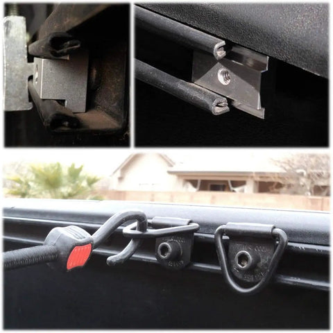 Heavy Duty T Slot Nuts And Bed Rails Cleats For Toyota Tacoma And Tundra Pickups installed in truck bed rail, showing secure fit with tie down hardware.