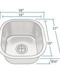 Undermount Stainless Steel Kitchen Sink Single Bowl 16 Gauge With Wet Bar Style Brushed Satin Finish 304 Grade dimensions