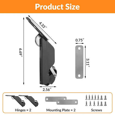 Dimensions and components of Overhead Cabinet Lid Support Hinges With Soft Close Adjustable Seven Level Strength 110 Degree Opening 20 Lbs Lift Support Zinc Alloy With Reinforced ABS