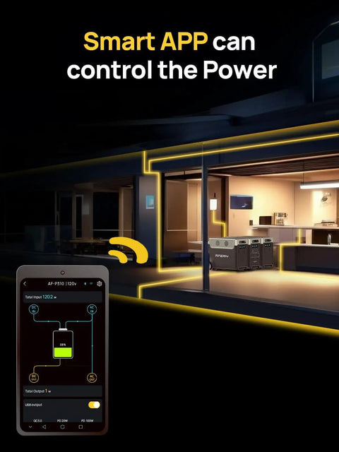 Smart app controls Massive 3840Wh Portable Power Station with LiFePO4 Battery for home and outdoor use at night.