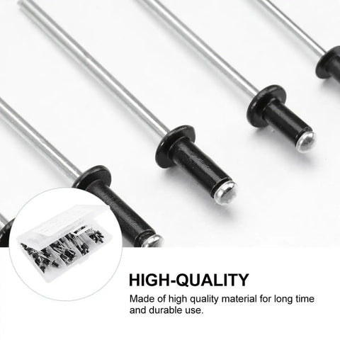 Close-up of black aluminum rivets from Easy Install Blind Rivets 120 Piece Black Aluminum Assortment Kit With M2.4 M3.2 M4 Standard Head.