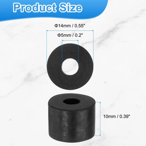 60 Piece Tough As Nails Rubber Spacers For Anti Vibration Bushings 14Mm OD 5Mm ID 10Mm Thick with size dimensions displayed.