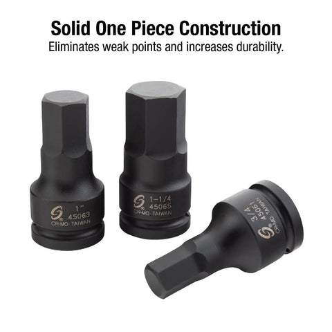 Heavy Duty 3/4 To 1-1/4 Inch Drive Impact Hex Driver Set, 5-Piece SAE, Cr-Mo Steel, Solid One-Piece Construction, Low Profile Design For Tight Spaces, Dual Size Markings, Rugged Case Included