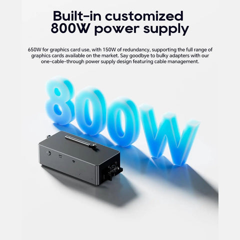 Built-in 800W power supply for Plug and Play External Gpu Enclosure With Oculink And Usb4 Hot Swap Support, black model.
