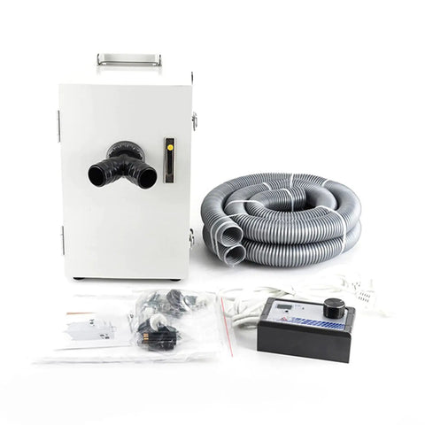 Heavy Duty 550W Dental Lab Dust Extractor With Digital Control Panel, hoses and accessories on a white background.