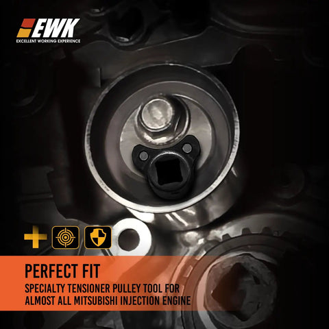 Cam Timing Belt Tensioner Removal Tool And Tension Pulley Wrench For Mitsubishi And Hyundai in use on engine