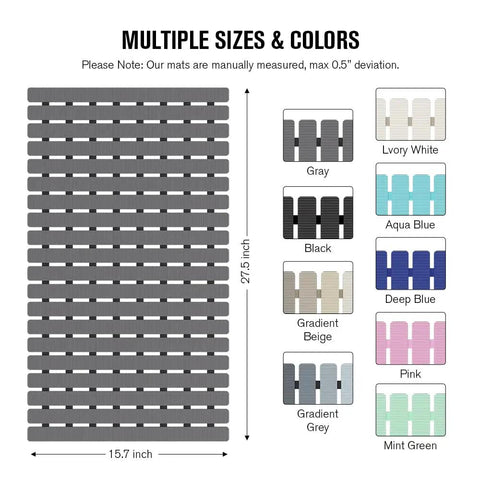 Rock Solid Non Slip Shower Mat With Mega Tight Suction Cups And Rapid Drain Holes For Tub Security, shown in multiple colors and sizes.