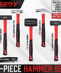 Five Piece Hammer Set For Home Workshop, Includes 24oz Ball Pein Hammer, 22oz Claw Hammer, 32oz Rubber Mallet, 3lb Sledge Hammer, And 3lb Cross Pein Hammer, Durable Steel Hammers Kit For DIY Carpentry And Everyday Repairs displayed against branded backdrop