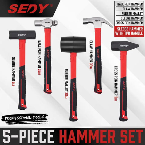 Five Piece Hammer Set For Home Workshop, Includes 24oz Ball Pein Hammer, 22oz Claw Hammer, 32oz Rubber Mallet, 3lb Sledge Hammer, And 3lb Cross Pein Hammer, Durable Steel Hammers Kit For DIY Carpentry And Everyday Repairs displayed against branded backdrop