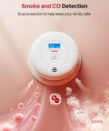 Product image of 2-in-1 Smoke And Carbon Monoxide Detector With Display, 10 Year Battery, UL 217 And UL 2034 Certified, Model SC01, 3 Pack, Photoelectric Smoke Sensor And Electrochemical CO Sensor showing real-time readings on LCD screen.