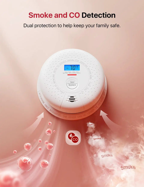 Standalone Smoke And Carbon Monoxide Detector SC01 1 Pack A Cinch To Install Battery Powered Home Safety Alarm For Early Fire And Gas Alert No Wi Fi No Interconnection Reliable Detection For Peace Of Mind, white round unit with test silence button