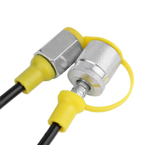 Close-up connectors of Pro Grade Hydraulic Hose Pressure Test Kit With Gauge, M16 To Quarter Inch BSP, 250 Bar And 3600 PSI
