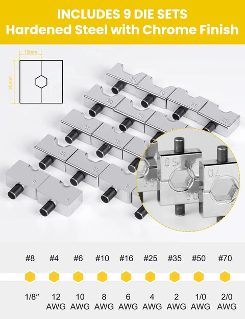 9 die sets for 10 Ton Hydraulic Crimping Tool For Battery Cables And Lug Terminals With 9 Dies, AWG sizes 12 to 2/0 detailed view