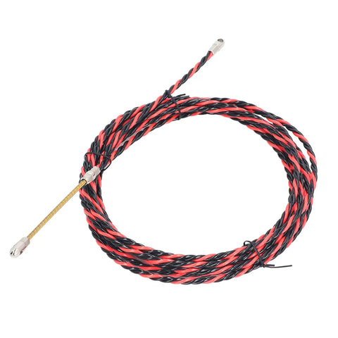 Pro Grade Fish Tape Wire Threader for Electricians, Flexible Spring Cable Puller Tool for Conduit Wiring, Manual Threading Device with Bright Color for Easy Visibility, Includes Gloves and Ties, Durable Steel Construction, coiled red and black steel wire threader