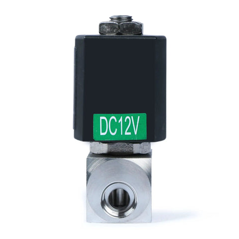 Quarter Inch High Pressure Solenoid Valve 12V DC Stainless Steel Industrial Valve For Water Gas Oil And Fluids Heat Resistant Front View
